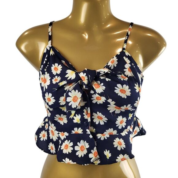 idem ditto Small Black Daisy Crop Top Smocked Peplum Adjustable Straps Bow Tie - Picture 3 of 13